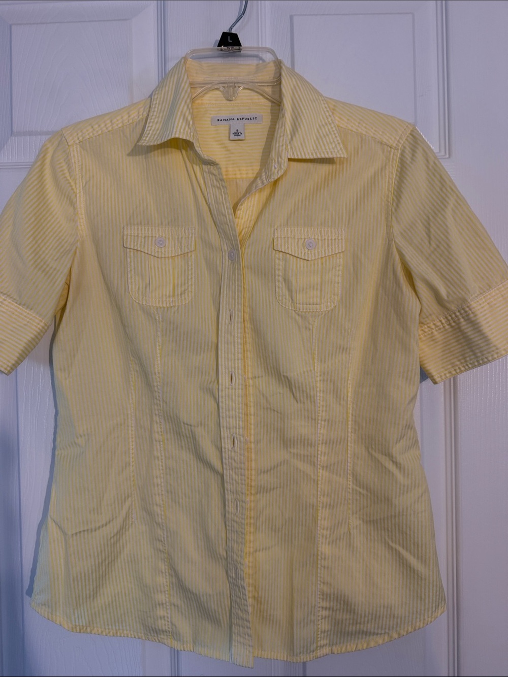 Banana Republic Yellow Pinstripe Short Sleeve Button-Down Shirt
